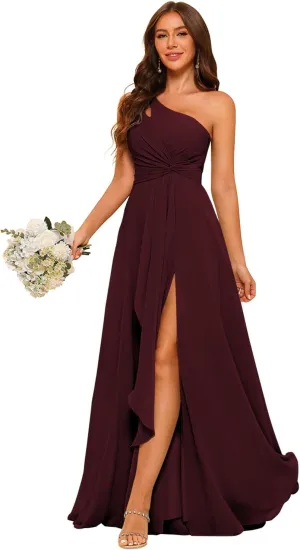 RSOETOO Chiffon One Shoulder Bridesmaid Dresses with Slit A-Line Long Formal Party Dress with Pockets RO022