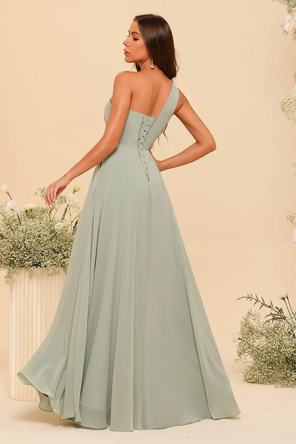 RSOETOO Chiffon One Shoulder Bridesmaid Dresses with Slit A-Line Long Formal Party Dress with Pockets RO022