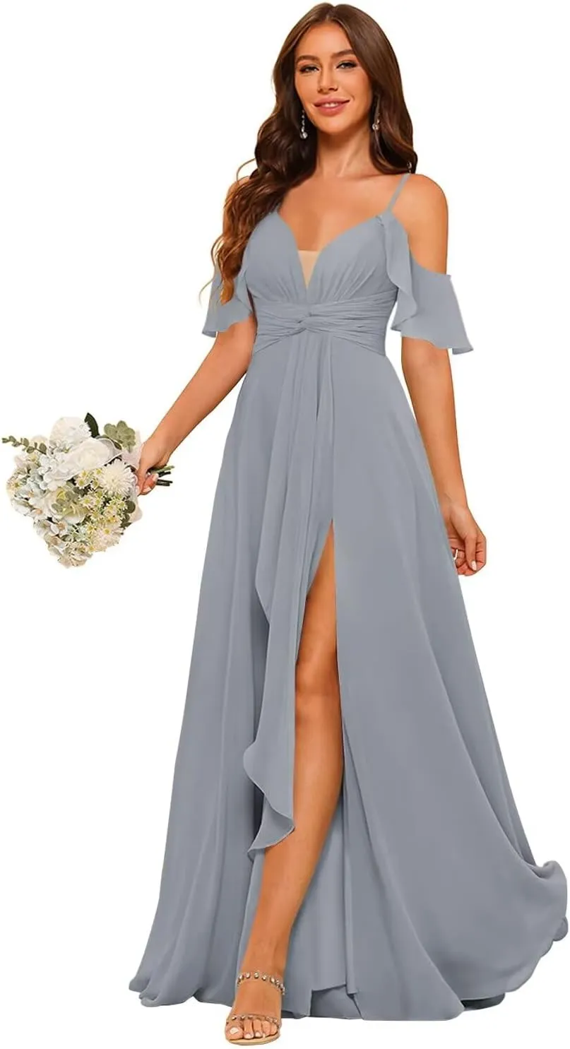 RSOETOO Women Bridesmaid Dresses with Pockets A-line Ruffles Long Chiffon Formal Party Dress with Slit RO062