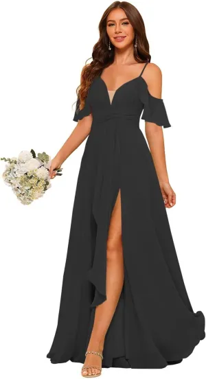 RSOETOO Women Bridesmaid Dresses with Pockets A-line Ruffles Long Chiffon Formal Party Dress with Slit RO062