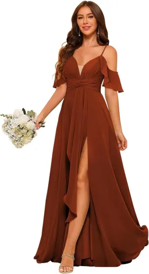 RSOETOO Women Bridesmaid Dresses with Pockets A-line Ruffles Long Chiffon Formal Party Dress with Slit RO062