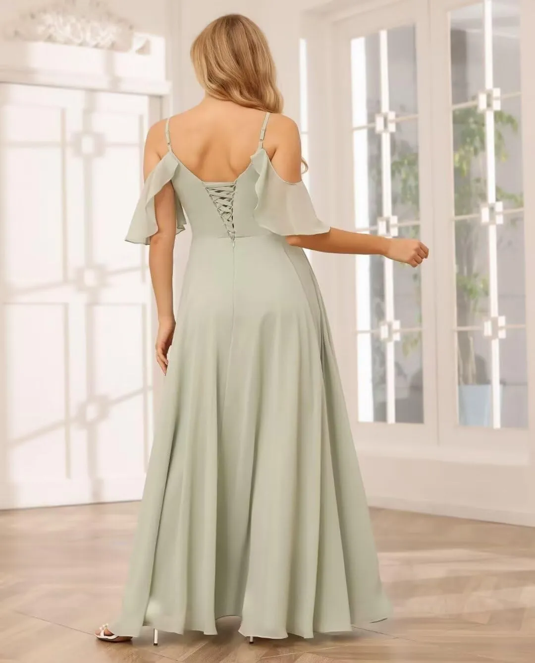 RSOETOO Women Bridesmaid Dresses with Pockets A-line Ruffles Long Chiffon Formal Party Dress with Slit RO062
