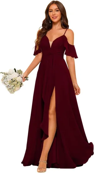 RSOETOO Women Bridesmaid Dresses with Pockets A-line Ruffles Long Chiffon Formal Party Dress with Slit RO062