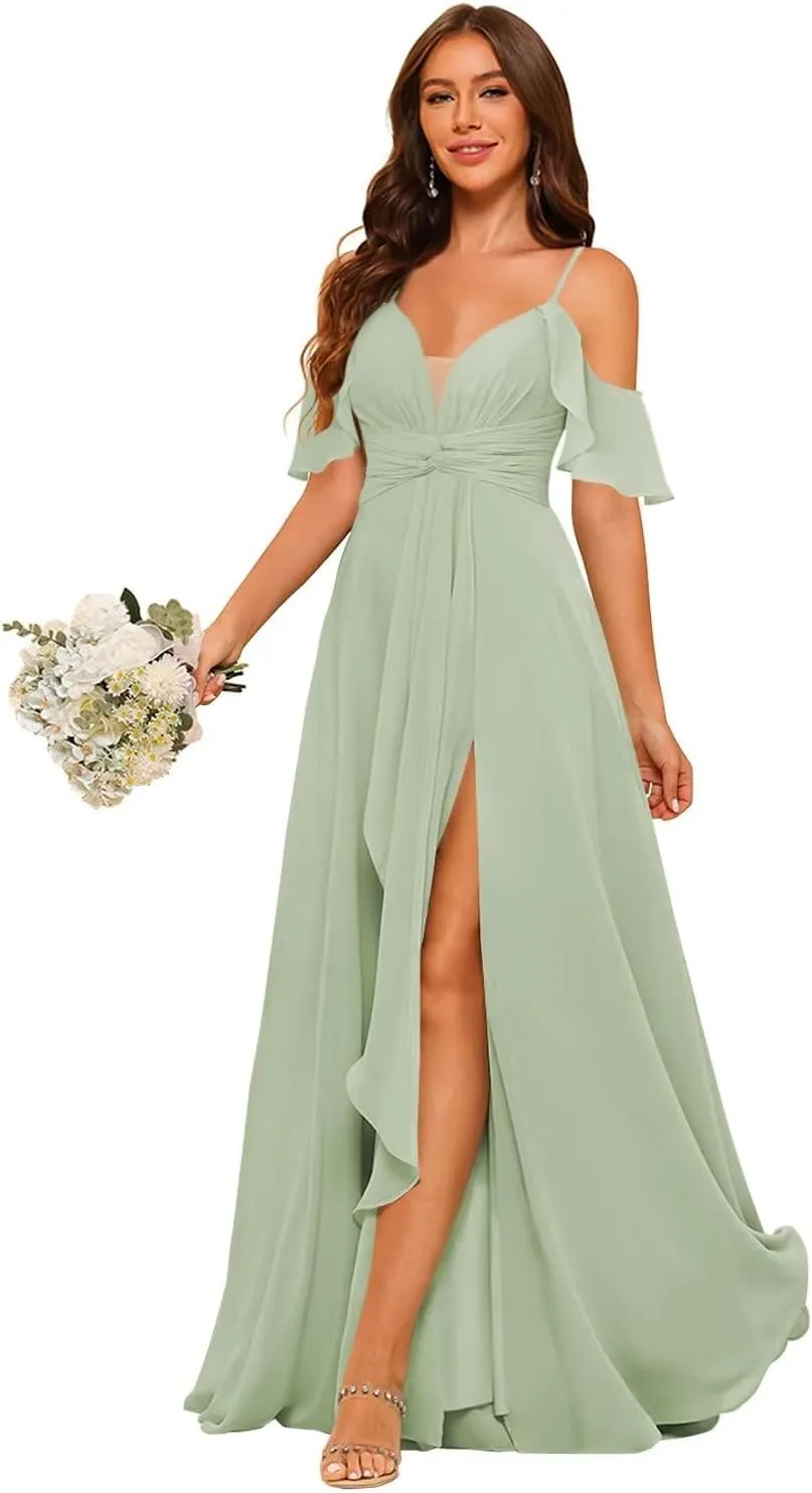 RSOETOO Women Bridesmaid Dresses with Pockets A-line Ruffles Long Chiffon Formal Party Dress with Slit RO062