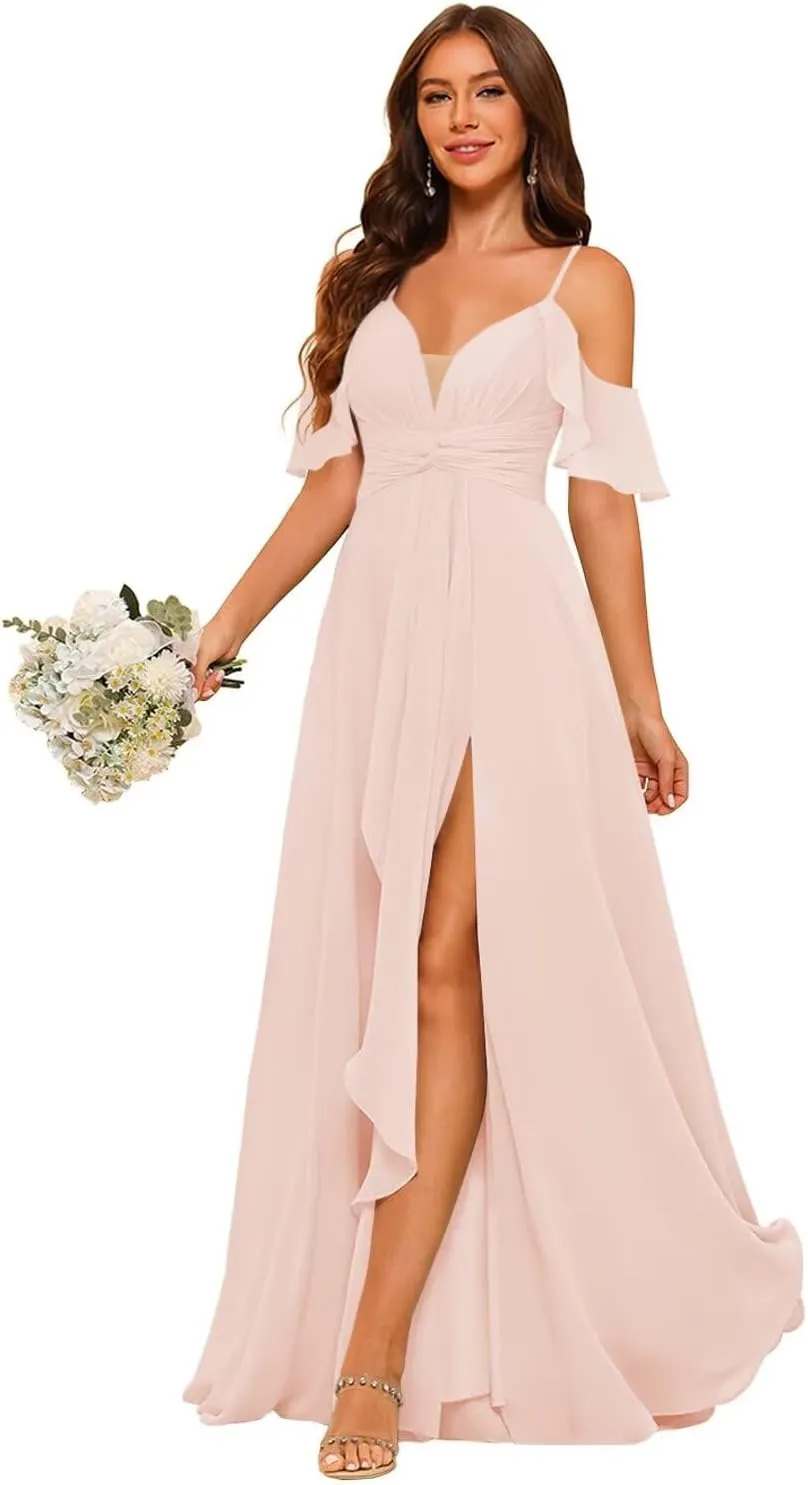 RSOETOO Women Bridesmaid Dresses with Pockets A-line Ruffles Long Chiffon Formal Party Dress with Slit RO062