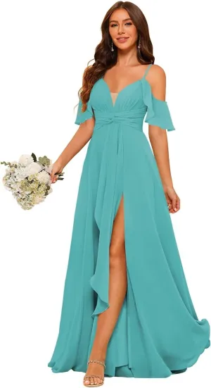 RSOETOO Women Bridesmaid Dresses with Pockets A-line Ruffles Long Chiffon Formal Party Dress with Slit RO062