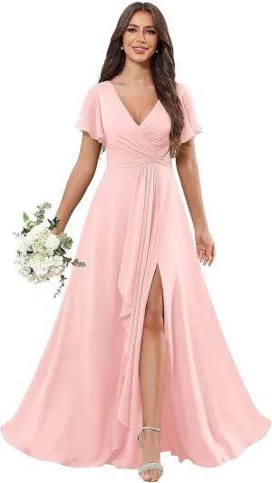 Ruffle V Neck Bridesmaid Dresses for Women Short Sleeve Chiffon Pleated Long Slit Formal Dress with Pockets