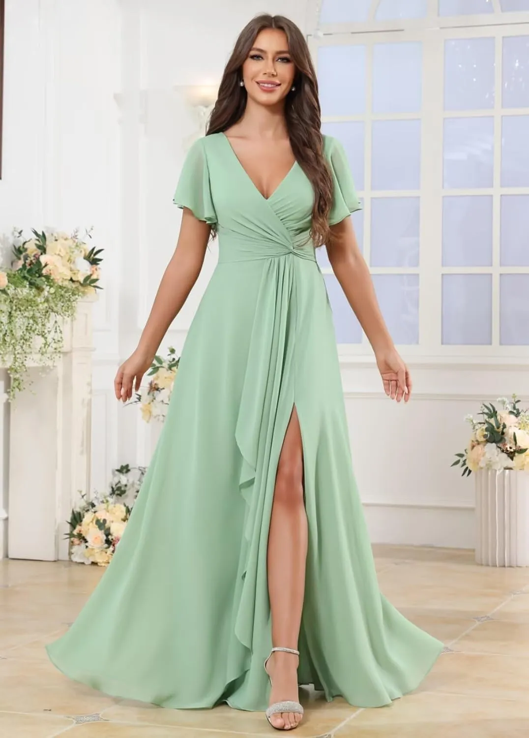 Ruffle V Neck Bridesmaid Dresses for Women Short Sleeve Chiffon Pleated Long Slit Formal Dress with Pockets