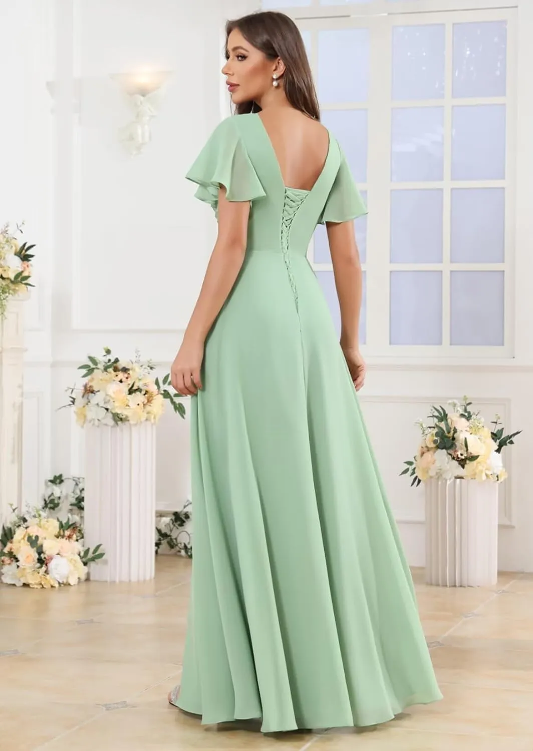 Ruffle V Neck Bridesmaid Dresses for Women Short Sleeve Chiffon Pleated Long Slit Formal Dress with Pockets