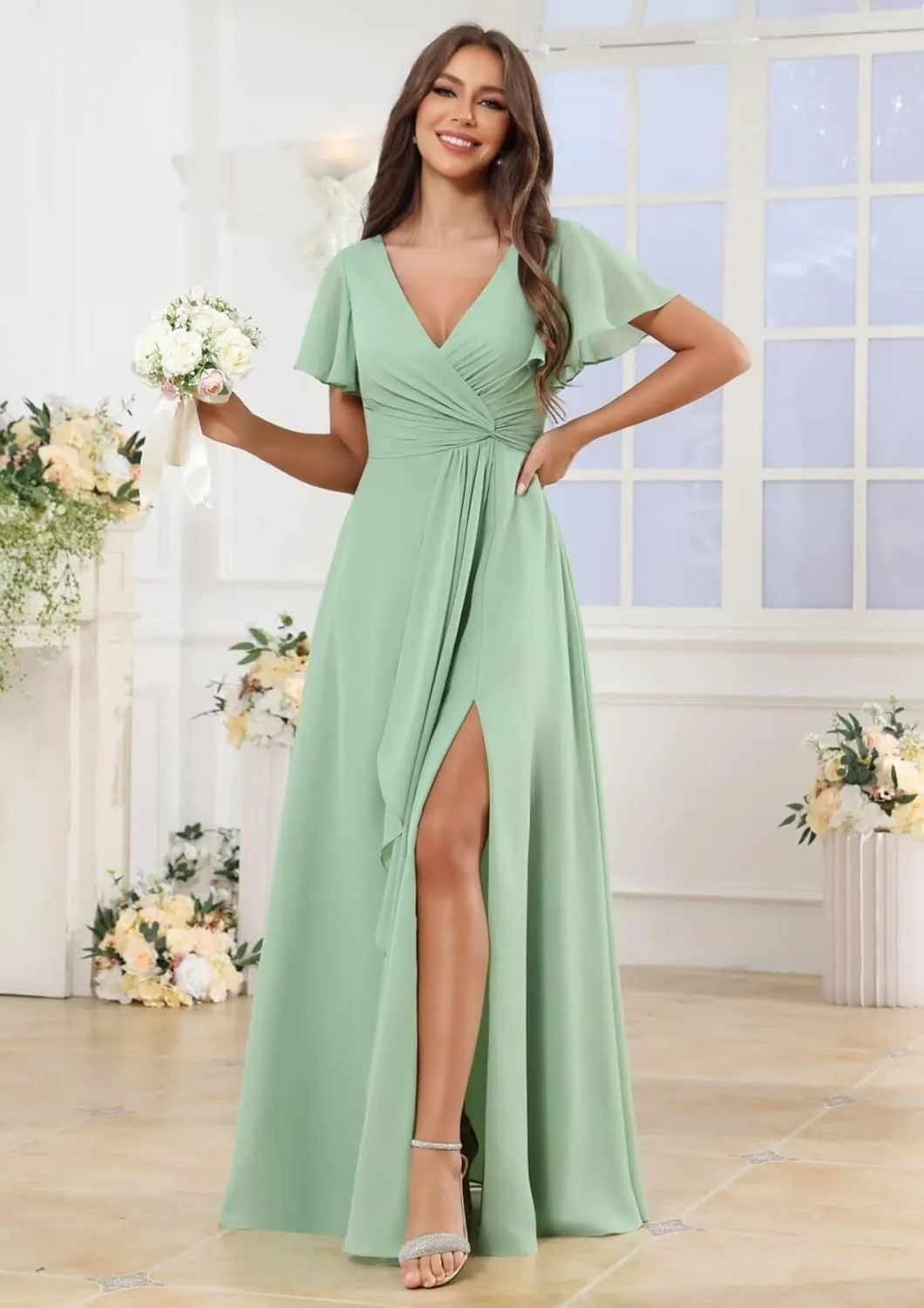 Ruffle V Neck Bridesmaid Dresses for Women Short Sleeve Chiffon Pleated Long Slit Formal Dress with Pockets