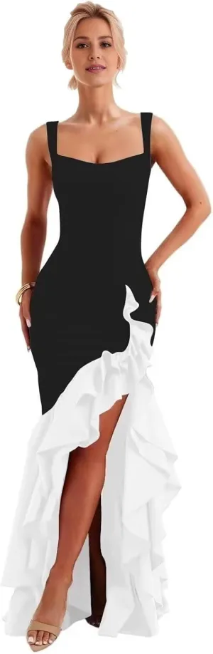 Satin Ruffle Prom Dress Long 2025 for Teens Mermaid Square Neck Formal Evening Party Gowns with Slit