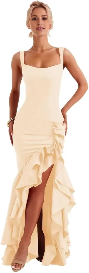 Satin Ruffle Prom Dress Long 2025 for Teens Mermaid Square Neck Formal Evening Party Gowns with Slit