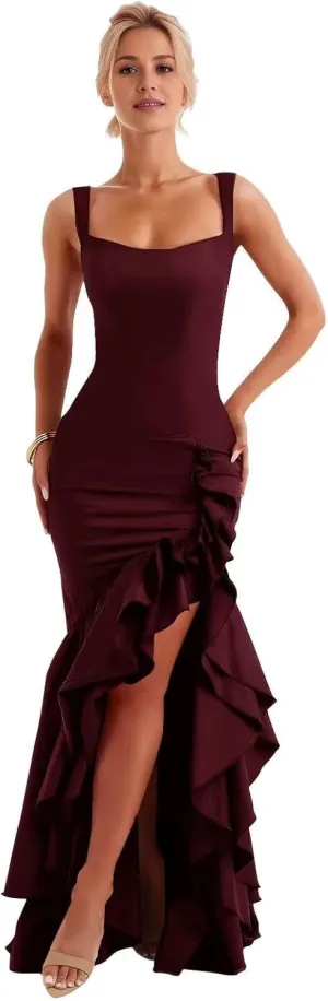 Satin Ruffle Prom Dress Long 2025 for Teens Mermaid Square Neck Formal Evening Party Gowns with Slit
