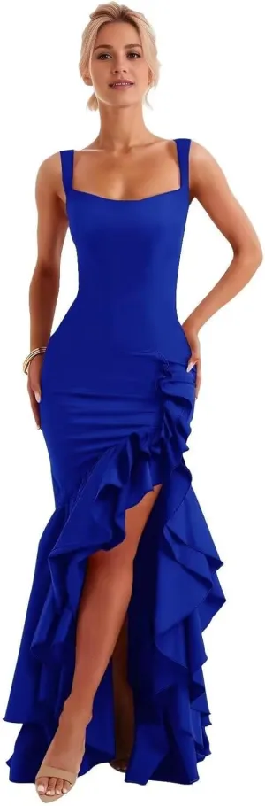 Satin Ruffle Prom Dress Long 2025 for Teens Mermaid Square Neck Formal Evening Party Gowns with Slit
