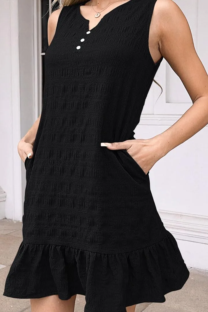 SAUKOLE Womens Sleeveless Tank Dresses Summer V Neck Button Ruffle Hem Sundress Casual Mini Dress with Pockets