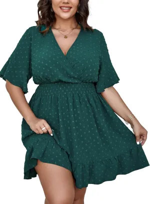 SCOMCHIC Plus Size Casual Summer Dress for Women Swiss Dot Wrap V Neck Ruffle Sleeve Smock Boho Mini Dress