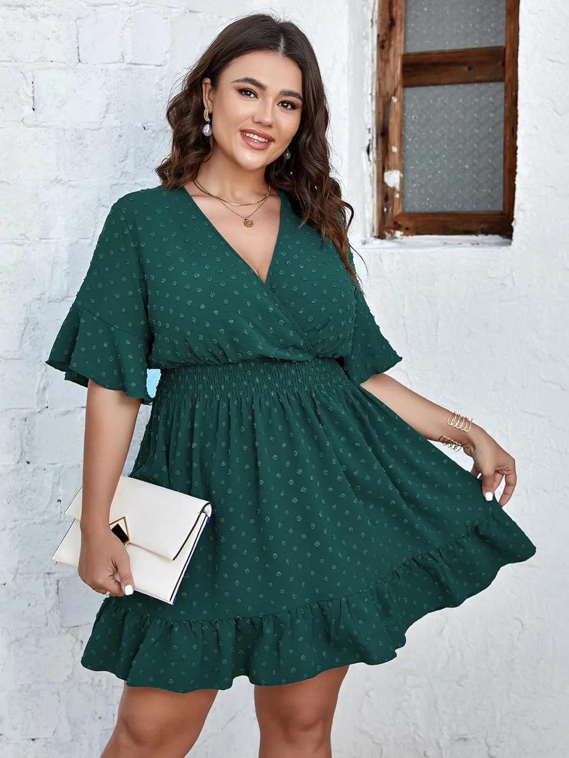 SCOMCHIC Plus Size Casual Summer Dress for Women Swiss Dot Wrap V Neck Ruffle Sleeve Smock Boho Mini Dress