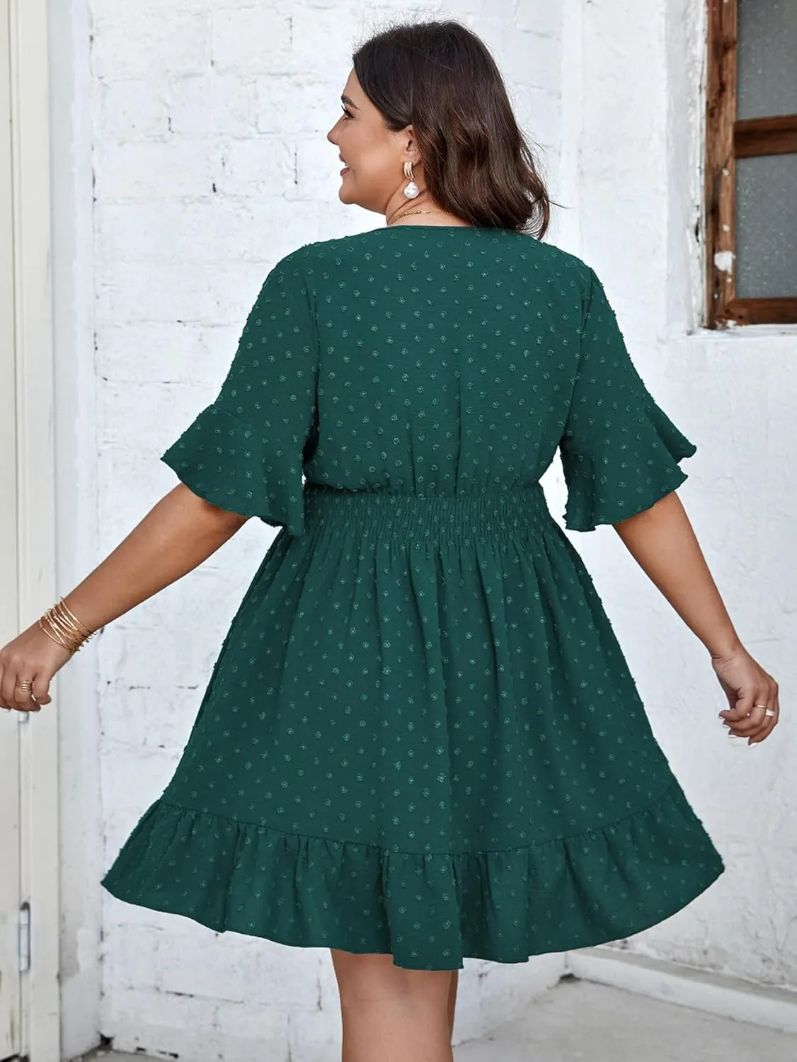 SCOMCHIC Plus Size Casual Summer Dress for Women Swiss Dot Wrap V Neck Ruffle Sleeve Smock Boho Mini Dress