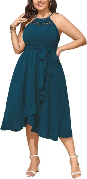 SCOMCHIC Womens Plus Size Summer Dresses Sleeveless Halter Neck A Line High Low Split Ruffle Long Dress with Belt