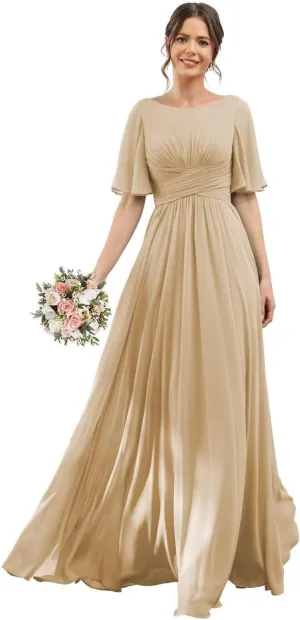 Scoop Flutter Sleeve Bridesmaid Dresses with Pockets A-Line Long Chiffon Formal Party Dress RO158