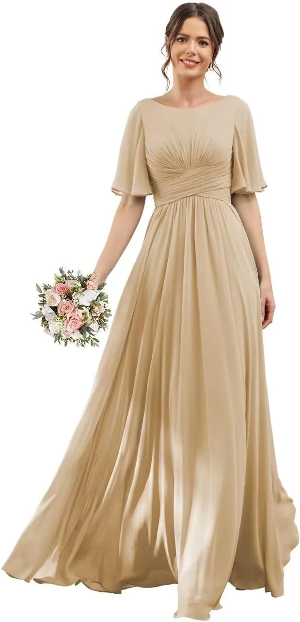 Scoop Flutter Sleeve Bridesmaid Dresses with Pockets A-Line Long Chiffon Formal Party Dress RO158