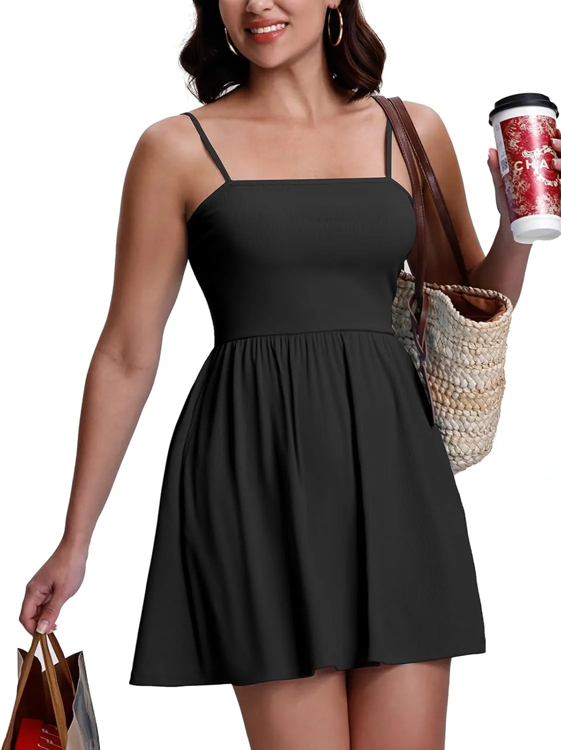 SeSe Code Summer Dresses for Women Spaghetti Strap Mini Sun Dress Casual Beach Sundress with Pockets
