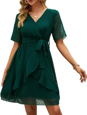 Sherosa Women's Summer V Neck Ruffles Faux Wrap Dress Swiss Dot Tie Belt Short Sleeve Flowy Short Dresses Wedding Guest