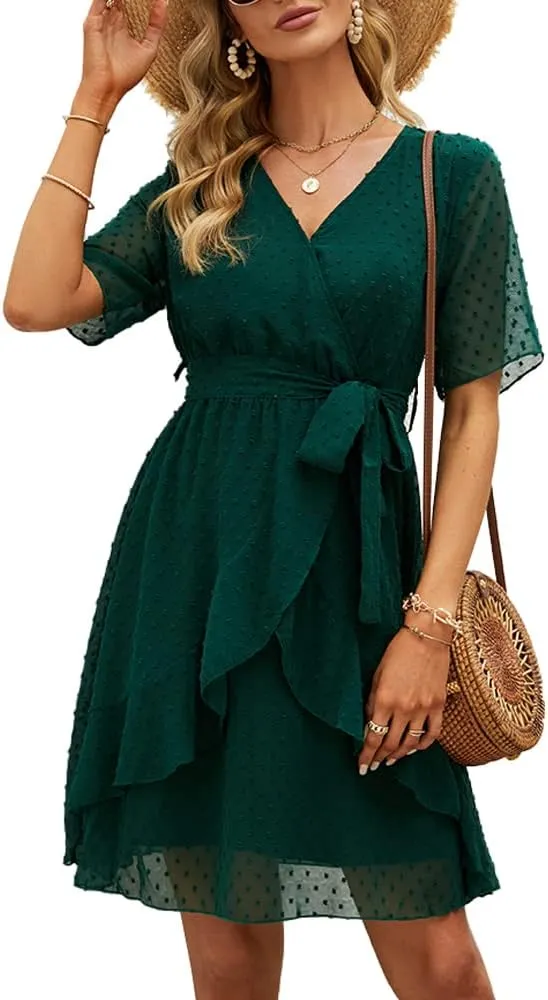 Sherosa Women's Summer V Neck Ruffles Faux Wrap Dress Swiss Dot Tie Belt Short Sleeve Flowy Short Dresses Wedding Guest