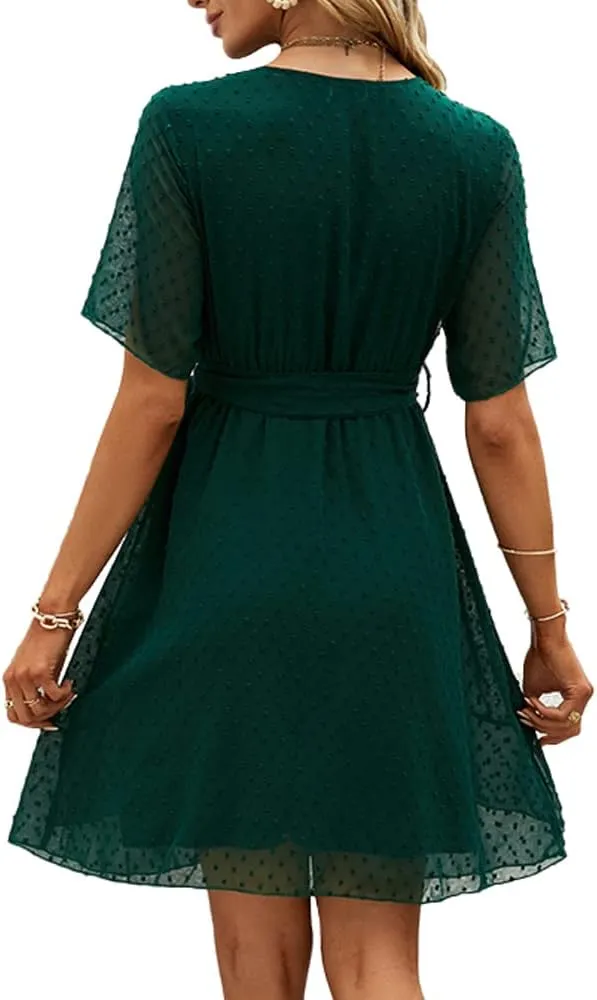 Sherosa Women's Summer V Neck Ruffles Faux Wrap Dress Swiss Dot Tie Belt Short Sleeve Flowy Short Dresses Wedding Guest