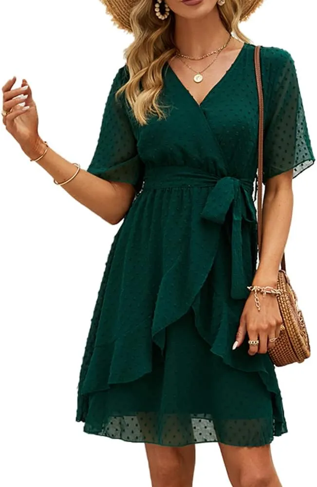 Sherosa Women's Summer V Neck Ruffles Faux Wrap Dress Swiss Dot Tie Belt Short Sleeve Flowy Short Dresses Wedding Guest