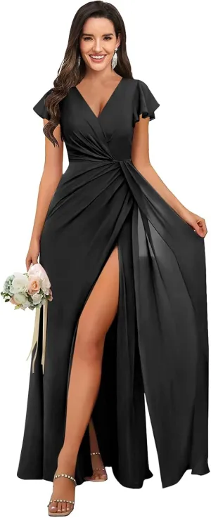Short Sleeve Bridesmaid Dresses for Wedding Ruched Chiffon A Line Evening Formal Gown with Slit