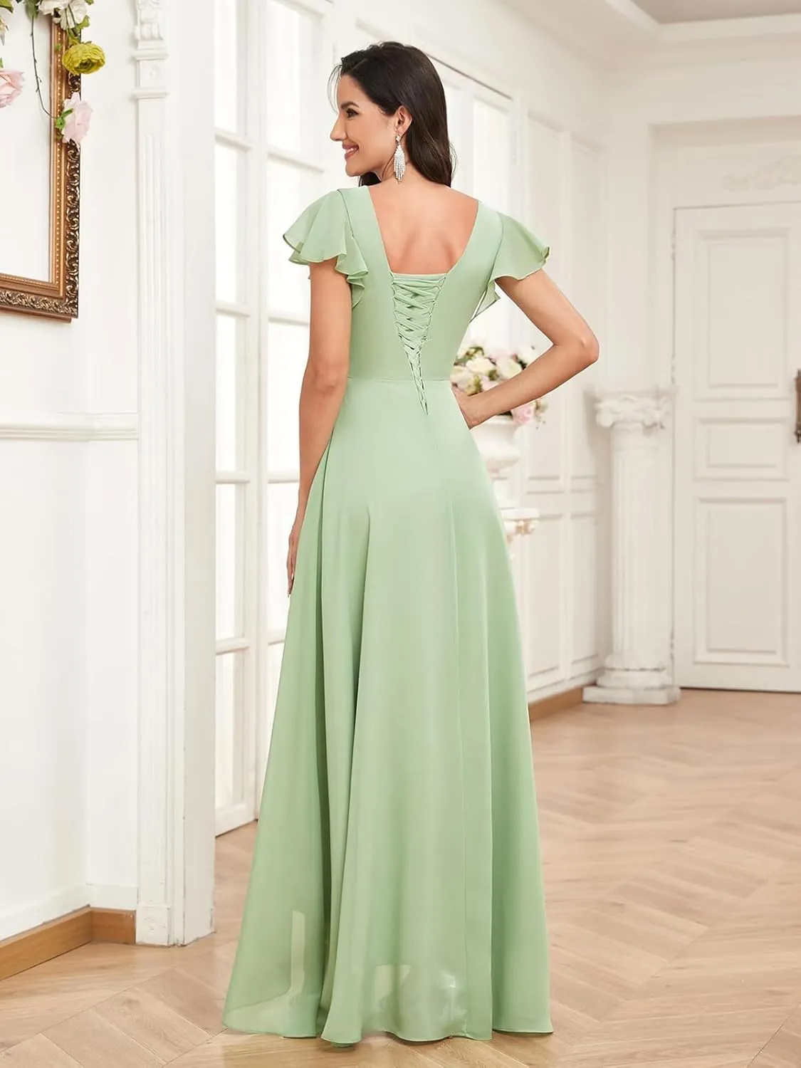 Short Sleeve Bridesmaid Dresses for Wedding Ruched Chiffon A Line Evening Formal Gown with Slit