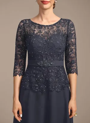 SINRWROD Lace Mother of The Bride Dresses for Wedding Jewel Beading Waist Chiffon Formal Evening Dress