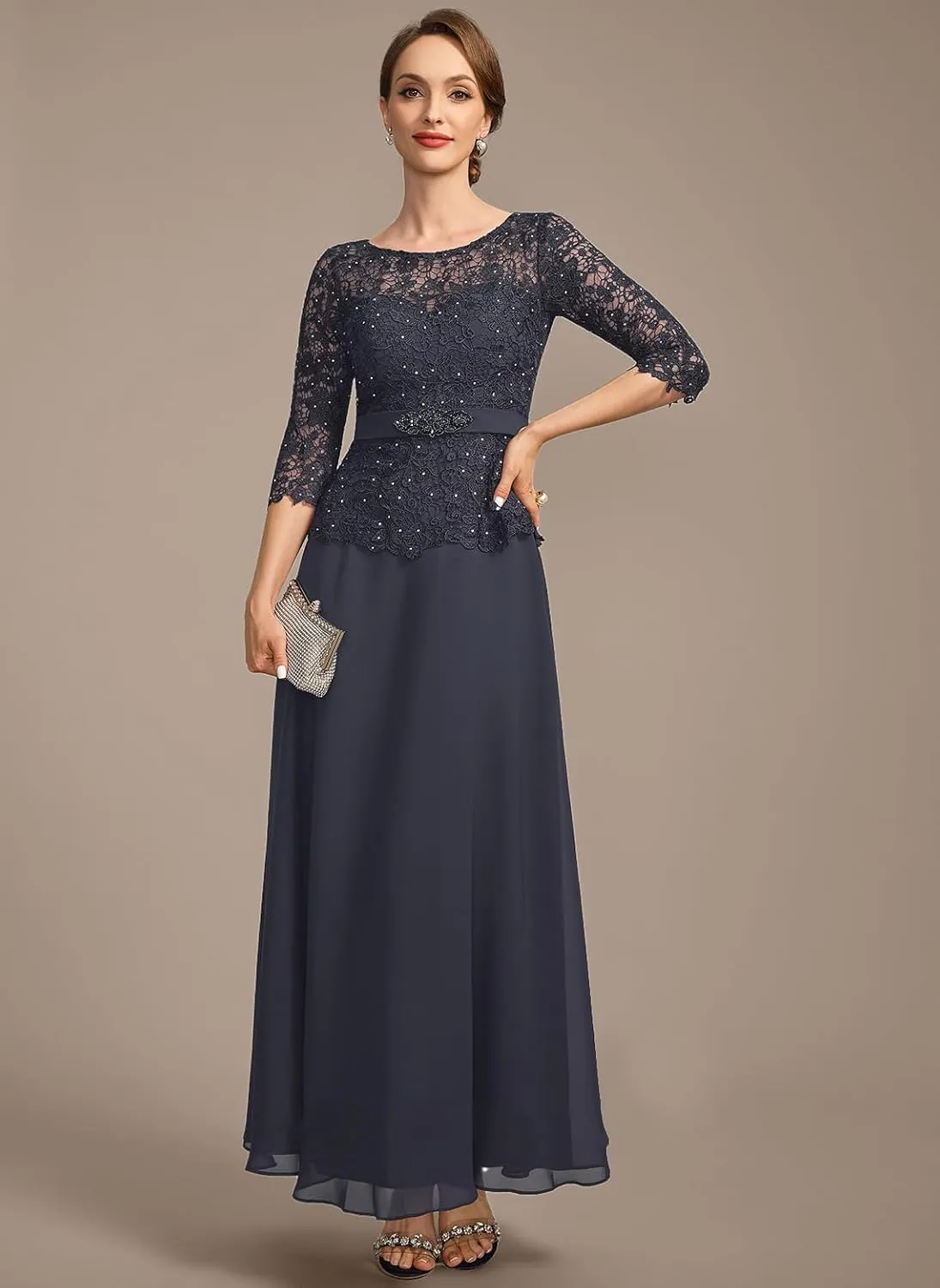 SINRWROD Lace Mother of The Bride Dresses for Wedding Jewel Beading Waist Chiffon Formal Evening Dress