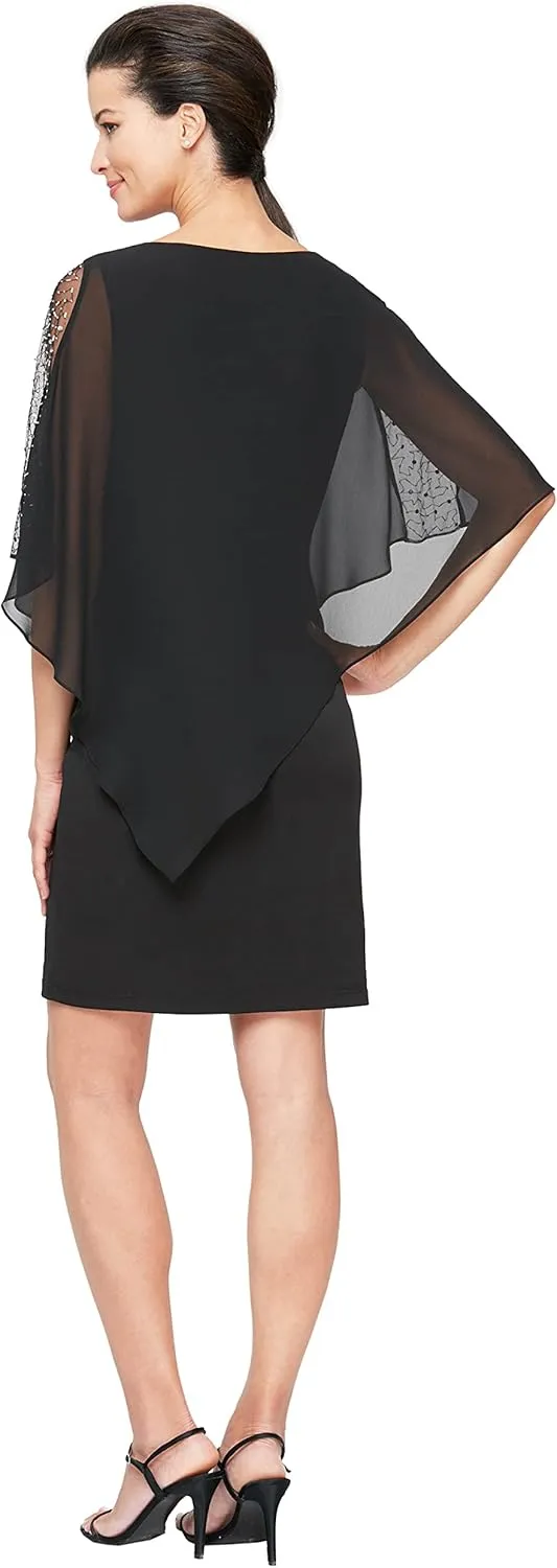 S.L.Fashions Women's Short Sheath Capelet Gown with Asymmetric Overlay,Mother of The Bride Dress,(Petite and Regular Sizes)