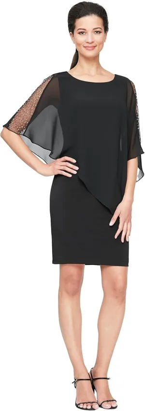 S.L.Fashions Women's Short Sheath Capelet Gown with Asymmetric Overlay,Mother of The Bride Dress,(Petite and Regular Sizes)