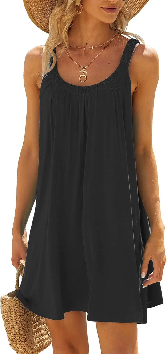 SMIDOW Summer Dresses for Women 2023 Casual Beach Sleeveless Pleated Flowy Sundress Sexy Beach Cover Up Plain Mini Tank Dress