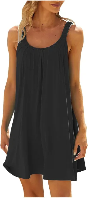 SMIDOW Summer Dresses for Women 2023 Casual Beach Sleeveless Pleated Flowy Sundress Sexy Beach Cover Up Plain Mini Tank Dress