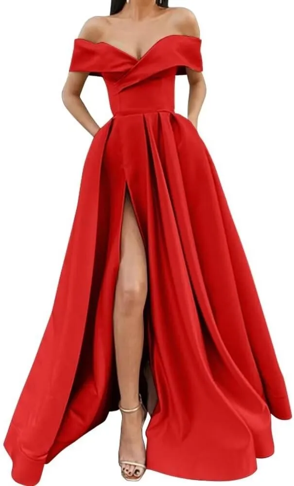 SoDigne Off Shoulder Long Slit Prom Dresses for Women A-Line Backless Satin Formal Evening Party Gown with Pockets