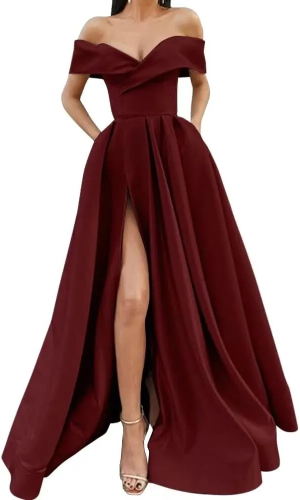 SoDigne Off Shoulder Long Slit Prom Dresses for Women A-Line Backless Satin Formal Evening Party Gown with Pockets