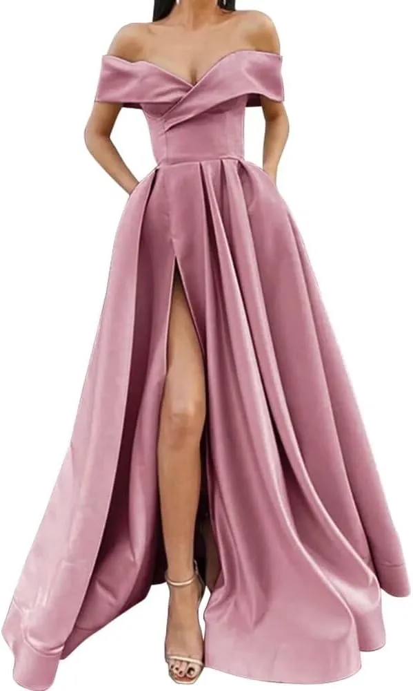 SoDigne Off Shoulder Long Slit Prom Dresses for Women A-Line Backless Satin Formal Evening Party Gown with Pockets