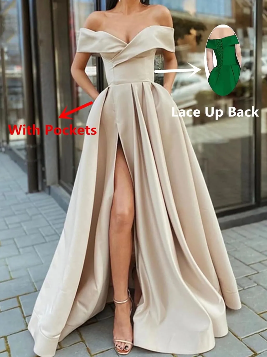 SoDigne Off Shoulder Long Slit Prom Dresses for Women A-Line Backless Satin Formal Evening Party Gown with Pockets