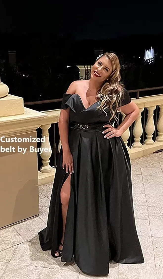 SoDigne Off Shoulder Long Slit Prom Dresses for Women A-Line Backless Satin Formal Evening Party Gown with Pockets