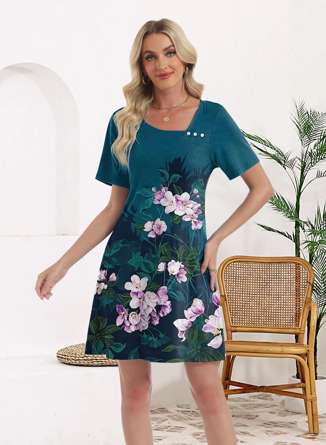 Soesdemo Womens Summer Dresses Square Neck Short Sleeve Buttons Casual Beach Boho 2025 Fashion Sundress