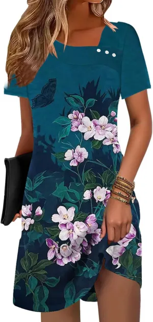 Soesdemo Womens Summer Dresses Square Neck Short Sleeve Buttons Casual Beach Boho 2025 Fashion Sundress