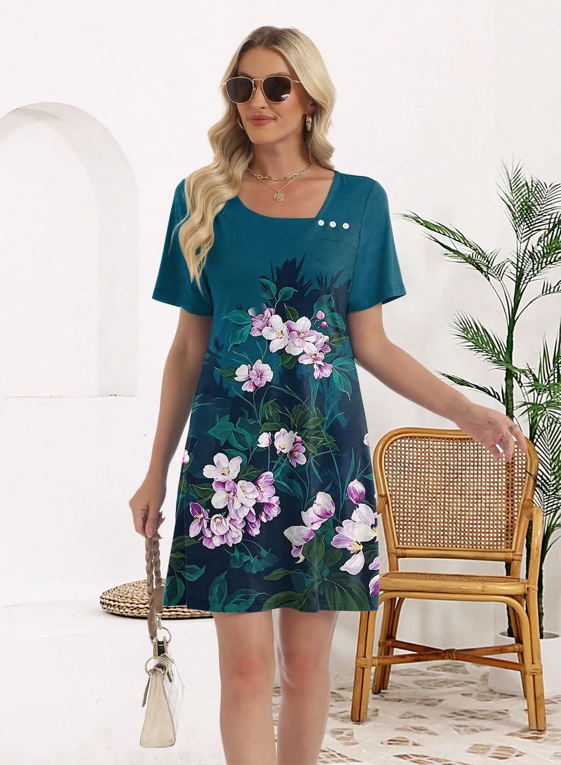 Soesdemo Womens Summer Dresses Square Neck Short Sleeve Buttons Casual Beach Boho 2025 Fashion Sundress