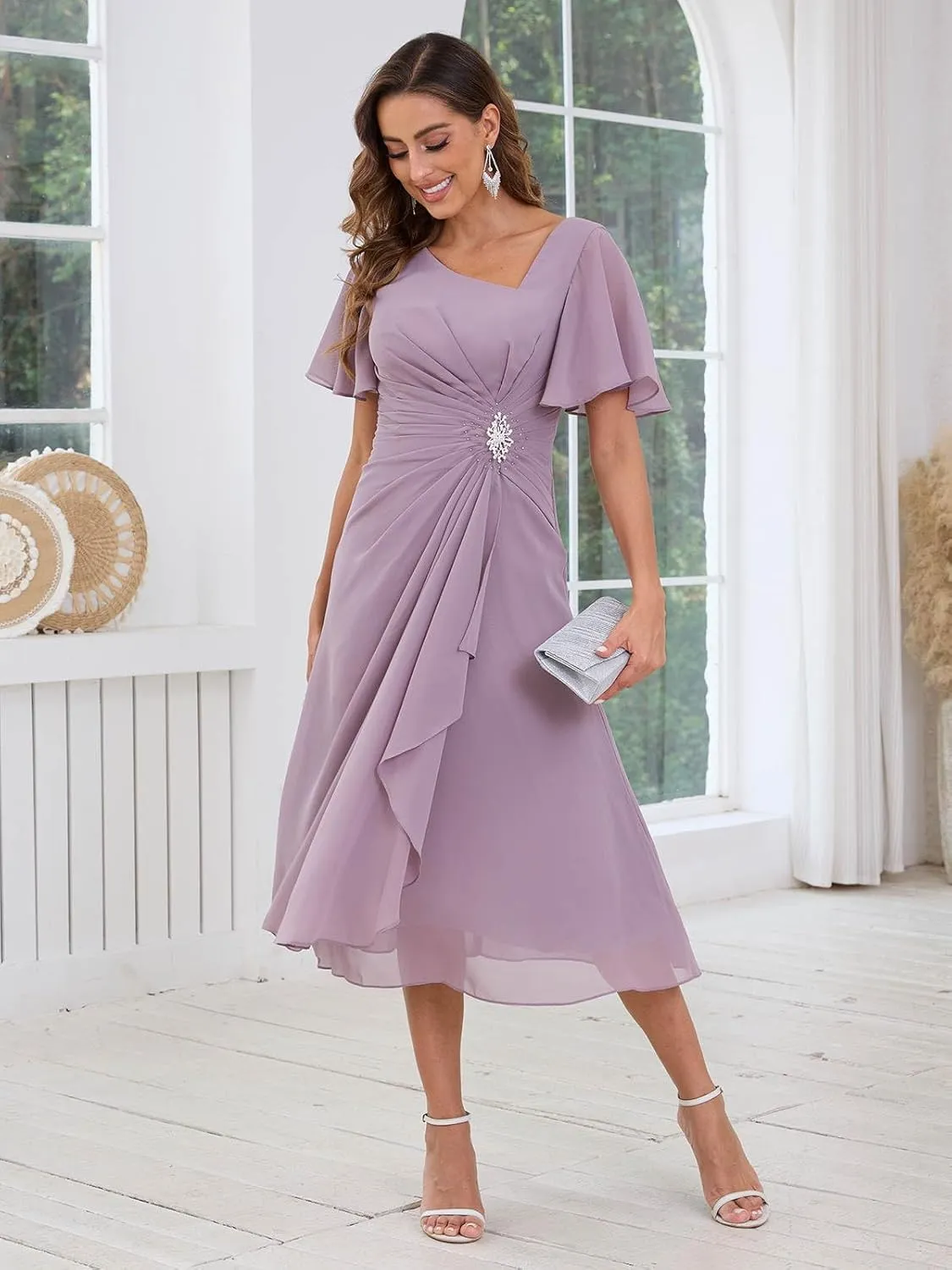 SOLODISH Mother of The Bride Dresses Asymmetric Chiffon Tea Length Mother of The Groom Dresses for Wedding