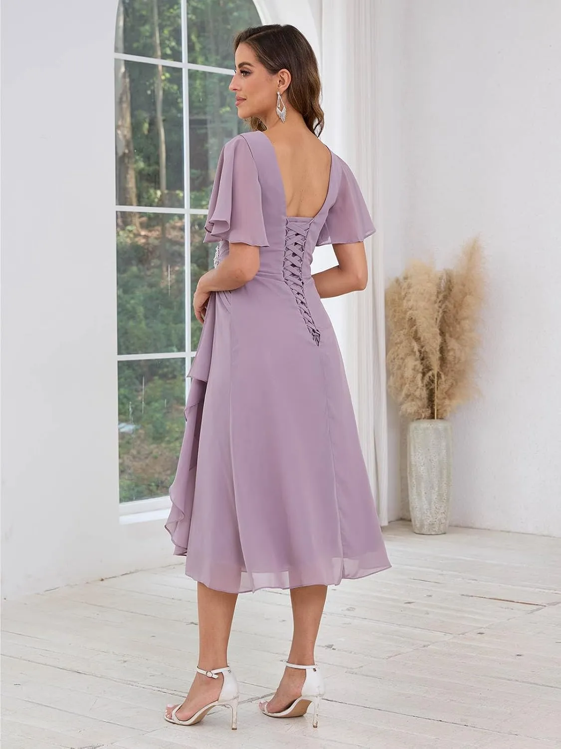 SOLODISH Mother of The Bride Dresses Asymmetric Chiffon Tea Length Mother of The Groom Dresses for Wedding