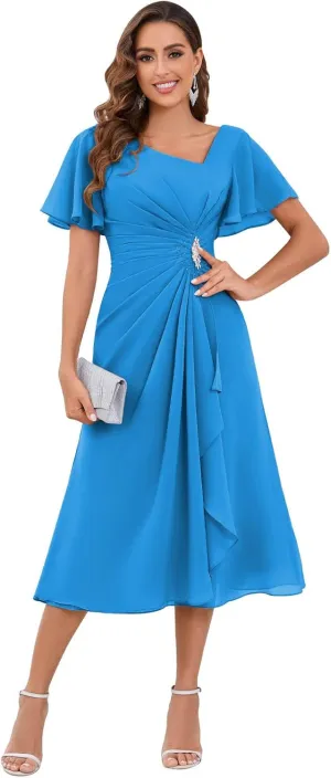 SOLODISH Mother of The Bride Dresses Asymmetric Chiffon Tea Length Mother of The Groom Dresses for Wedding