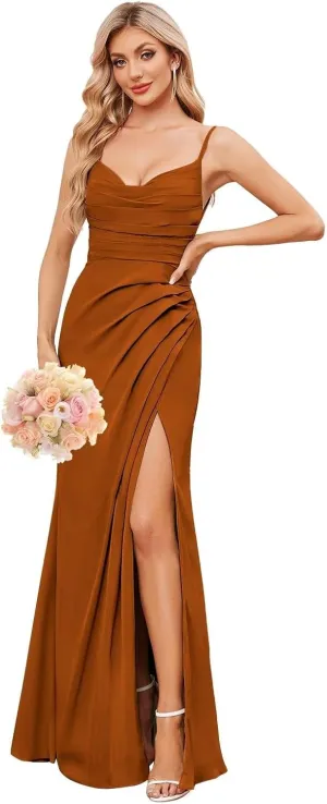 Spaghetti Straps Bridesmaid Dresses with Slit Pleated Chiffon Long Formal Gowns for Women